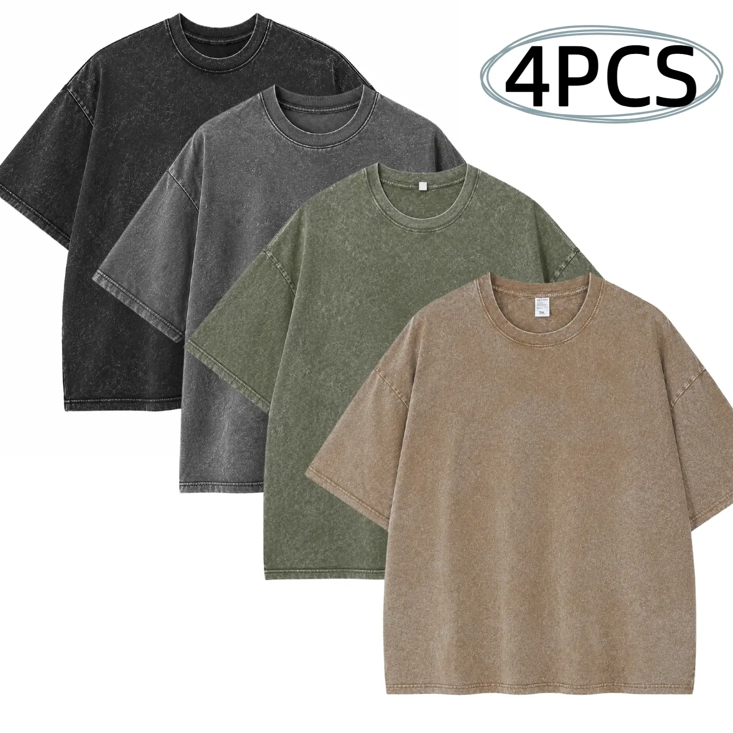 Men’s 1/4-Pack Oversized Baggy Round Neck Short-Sleeve Vintage Cotton T-Shirts - Heavyweight Pure Cotton Acid Wash Fabric Streetwear, Summer Casual Workout Men's Clothing