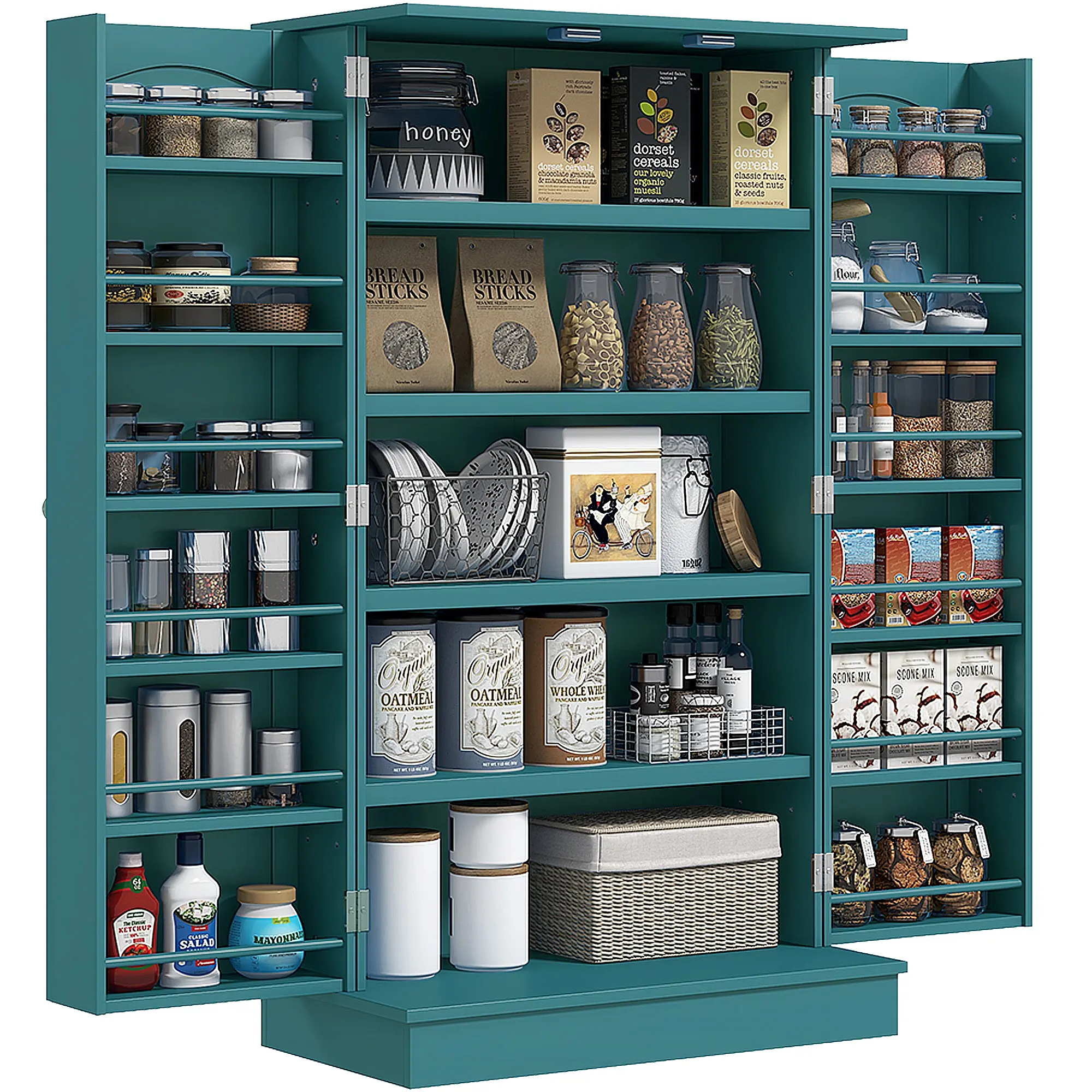 Freestanding Kitchen Pantry Cabinet – Blue. Kitchen Cabinet with 12 Door Shelves, Double Doors & 5-Tier Shelving. 23.6"W x 11.8"D x 40.9"H