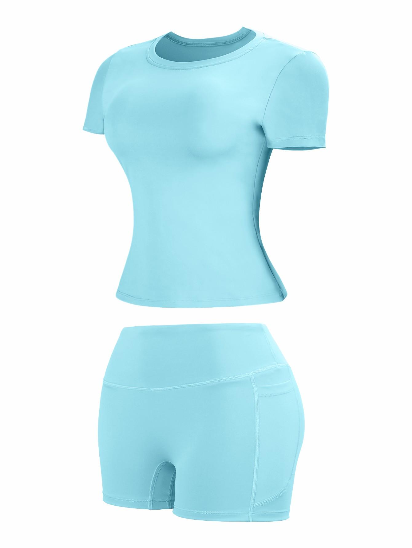 New Women's Two-Piece Set, High-End Solid Color T-Shirt and High-Waist Fitted Shorts Activewear Set, Leisure Breathable Quick-Drying Set, Suitable for Yoga and Gym Wear, Women's Summer Sports Outfit, Athletic Wear, Fitness and Running Clothing