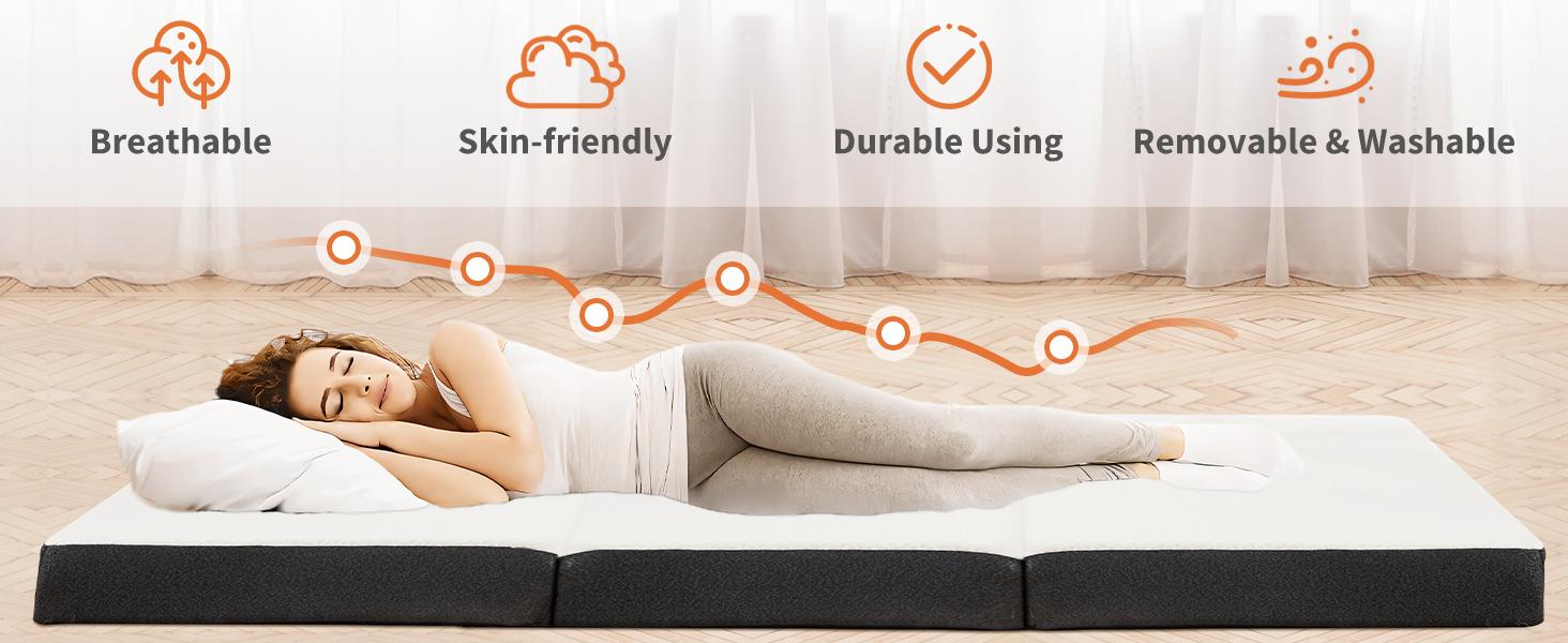 Sweet Furniture F Folding Mattress, Tri-fold Memory Foam Mattress Topper for Camping, Foldable Mattress Topper with Washable Cover, Various Sizes, White