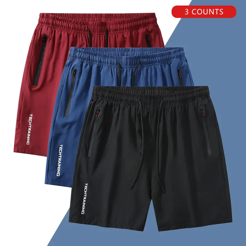 Three-Pack Men's Summer Drawstring Shorts with Zipper Pockets, Breathable Polyester for Quick-Drying and Lightweight