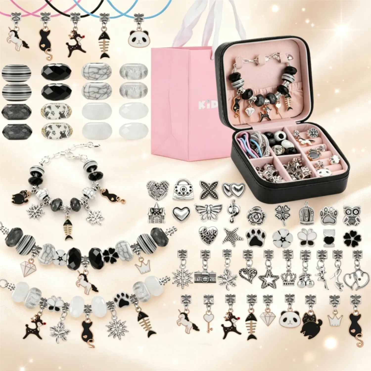 Mysterious Black DIY Charm Bracelet Accessories for Women Jewelry Marking Kit 64Pcs Fun Beads for Creative Elegant Crafts Jewelry With Special Jewelry Box Making Bangles or Necklace Toys Gifts Girlfriend for Birthday Valentine Craft Gifts for Her