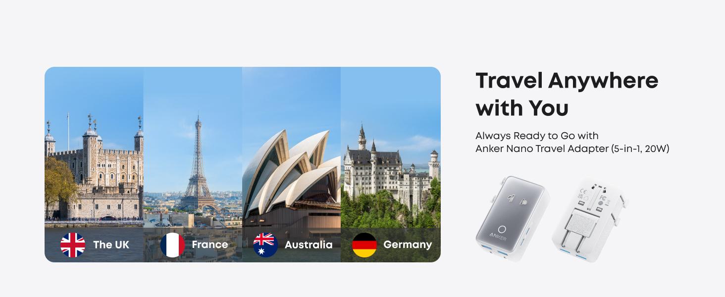 [Limited Offer]Anker Nano Adapter, 5-in-1 Ultra-Compact Global Charger with 2 USB-C, 2 USB-A, and 1 AC, Perfect for International Travel (1-Pack)