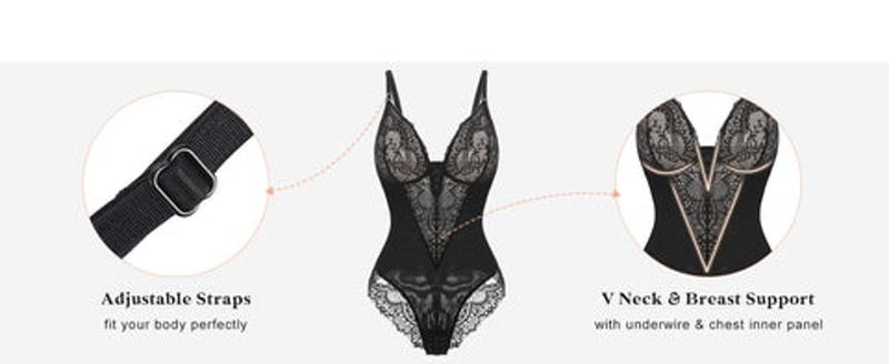 Popilush Fit Shapewear Bodysuit  Deep-V Neck Lace Bodysuits Basic Womenswear Tops Or Leather Skirts Underwear Sleeveless Long Sleeve Bodysuit Buckle Breathable Smooth