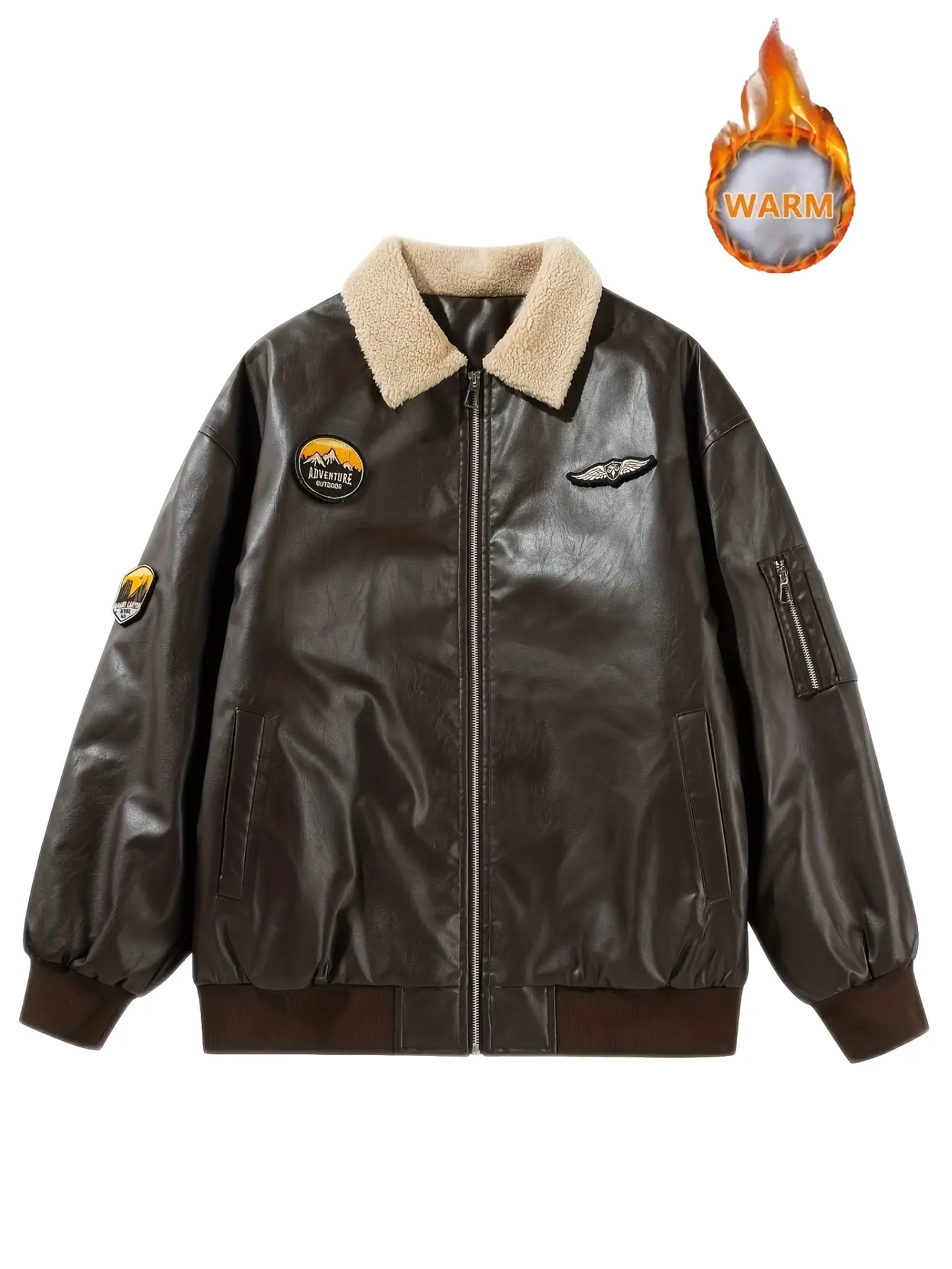 Men's bomber jacket, PU leather design, wool lapel, regular jacket, zipper opening and closing,lazy boy casual outdoor wear winter jacket shearling jacket