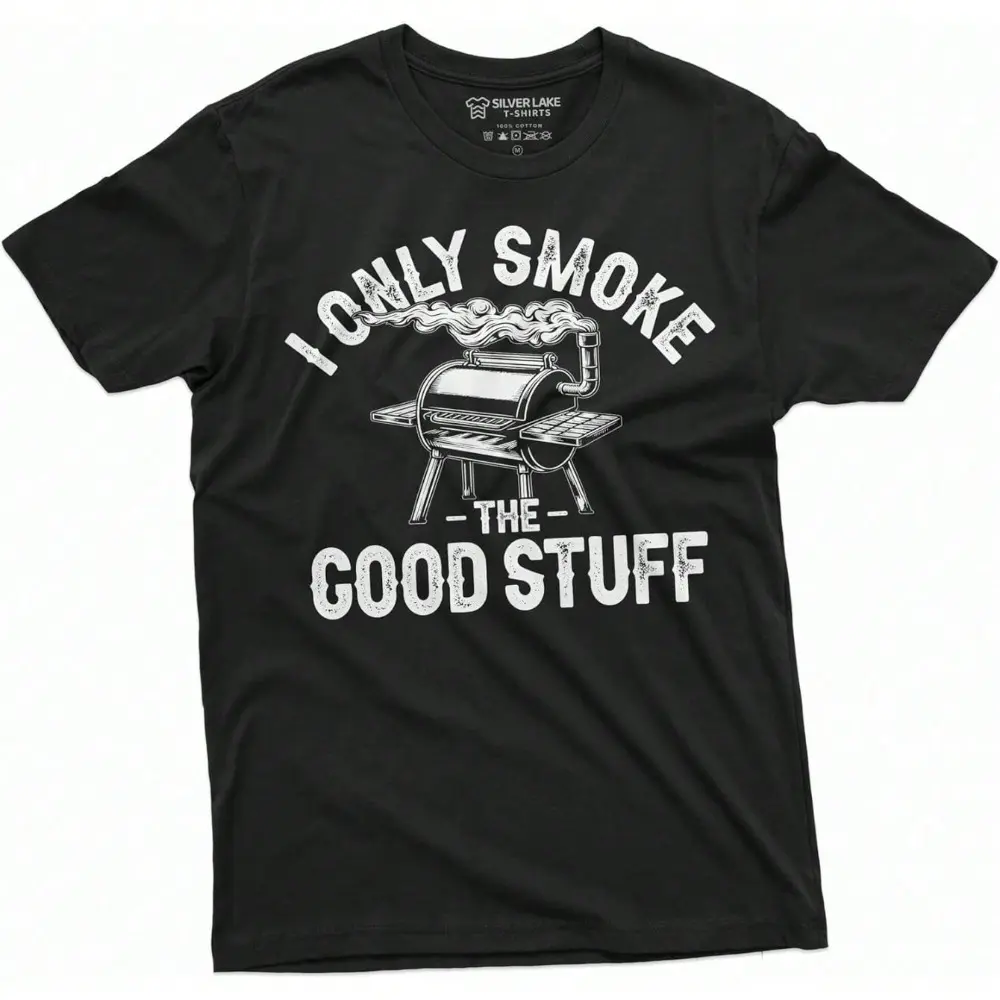 Silver Lake Men's Casual Crew Neck Short-Sleeve Cotton T-Shirt - Black, "I Only Smoke Good Stuff" Text, BBQ Graphic Print, BBQ Humor, Perfect Gift for Dads, Menswear Tee