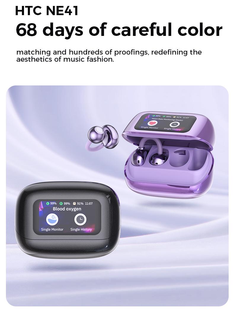 HTC NE41 Clip-On Ear Headphones ,Heart Rate Monitoring Earbuds, Blood Oxygen Monitoring Earbuds,Headphones for Music & Phone Calls, IPX5 Sport Waterproof & Sweatproof, with LCD Full Color Touch Screen, Bluetooth 6.0 Headsets, Heart Rate Health Management