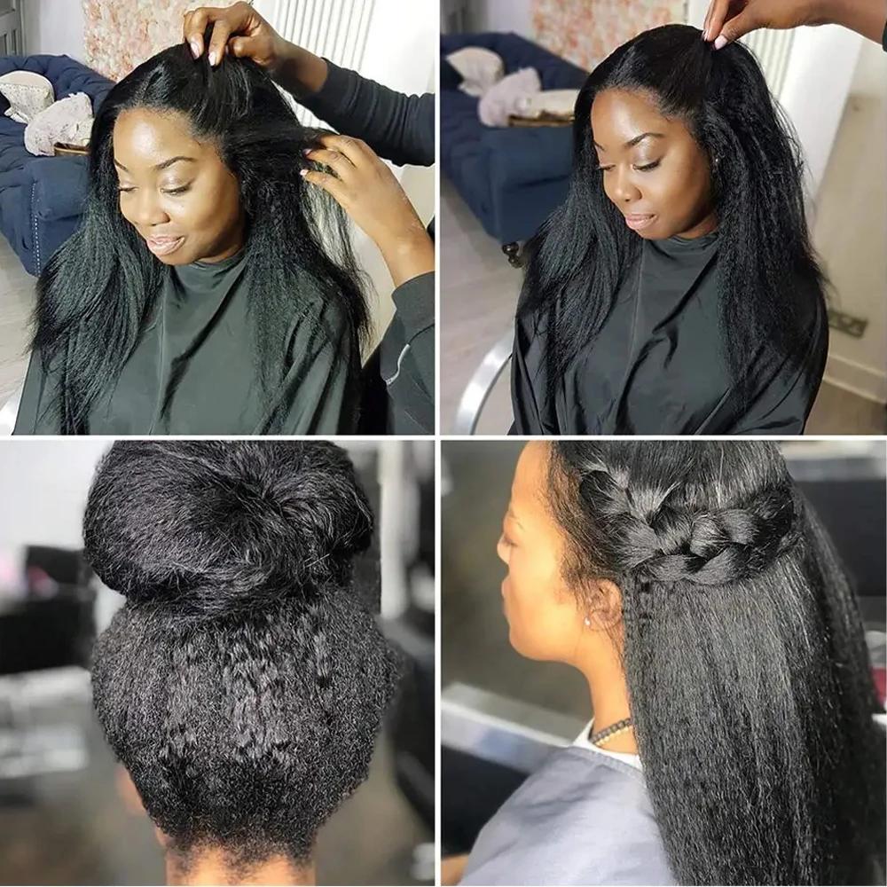 MYLOCKME Women's 360 Glueless Full Lace Wig, 180 Density Brazilian Hair, 32-34 Inch Kinky Yaki Straight, 13x6 HD Lace Frontal, Preplucked Human Hair Wig