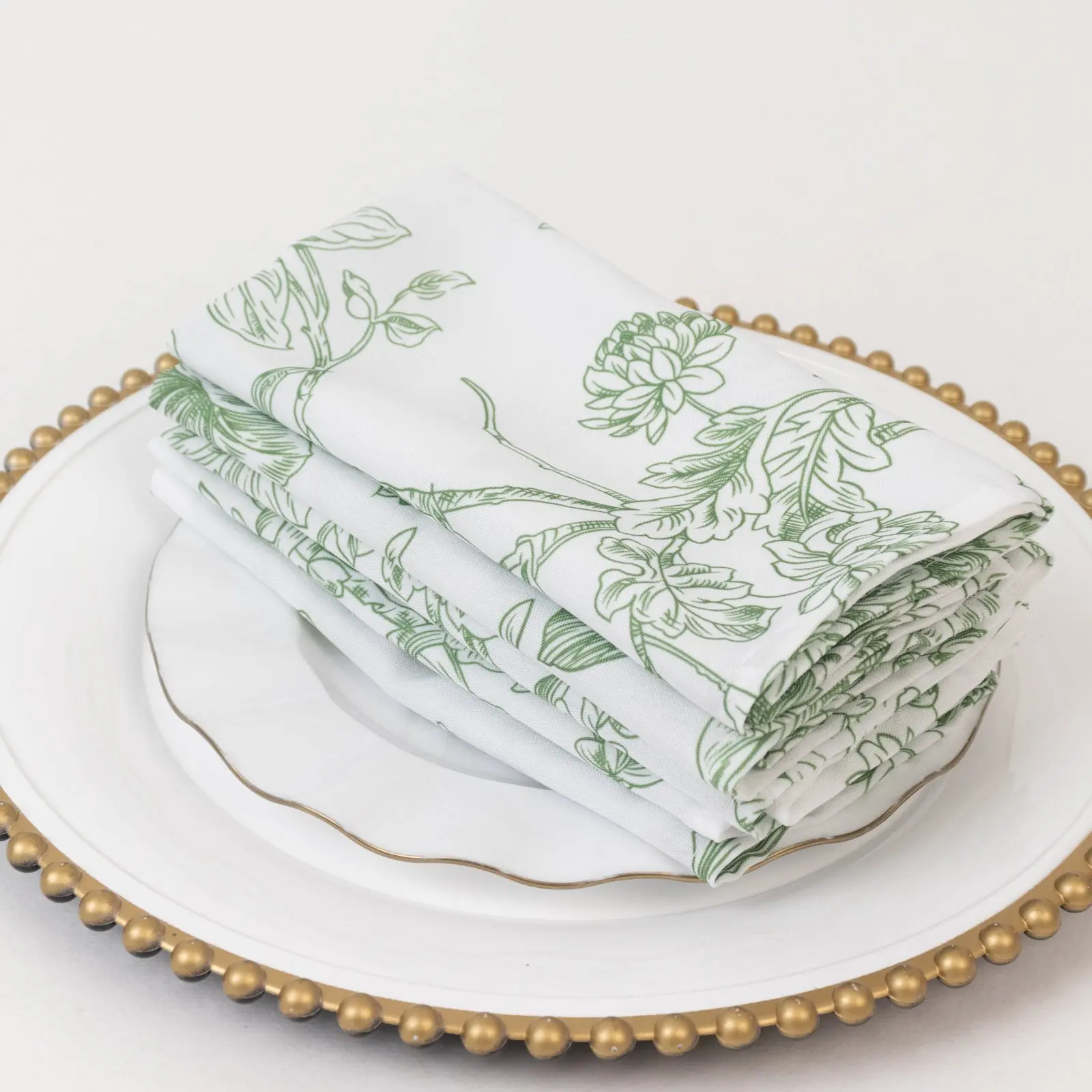 5-Pack French Toile Polyester Decorative Dinner Cloth Napkins - 17"x17" Square Dusty Sage Green & White Floral, Individually Folded Reusable Tableware for Birthday, Events, Decorative Napkins, Dinner Napkins Cloth