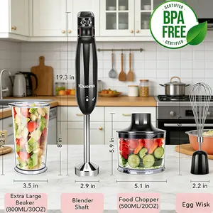 4-in-1 Hand Immersion Blender: Experience versatile cooking with this hand blender, which includes three interchangeable accessories: an egg whisk, a food chopper, and an 800ml mixing beaker