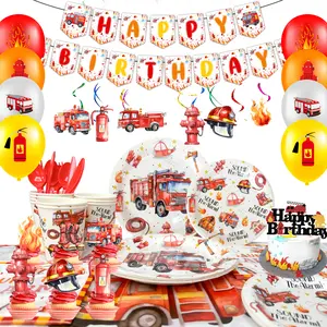 Fire Truck Birthday Party Supplies, 103pcs Firetruck Birthday Decorations Tableware Set - Fire Truck Party Plates Cups & Fire Truck Cake Decorations Banner etc Firefighter Birthday Party Decorations