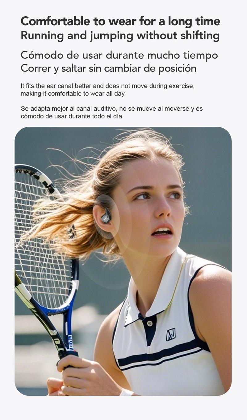 The Erazer XT66Pro OWS wireless Bluetooth earbuds support 135 languages, offer Hi-Fi sound quality, feature a lightweight design, and have a built-in microphone for calls, music playback, and AI chat.