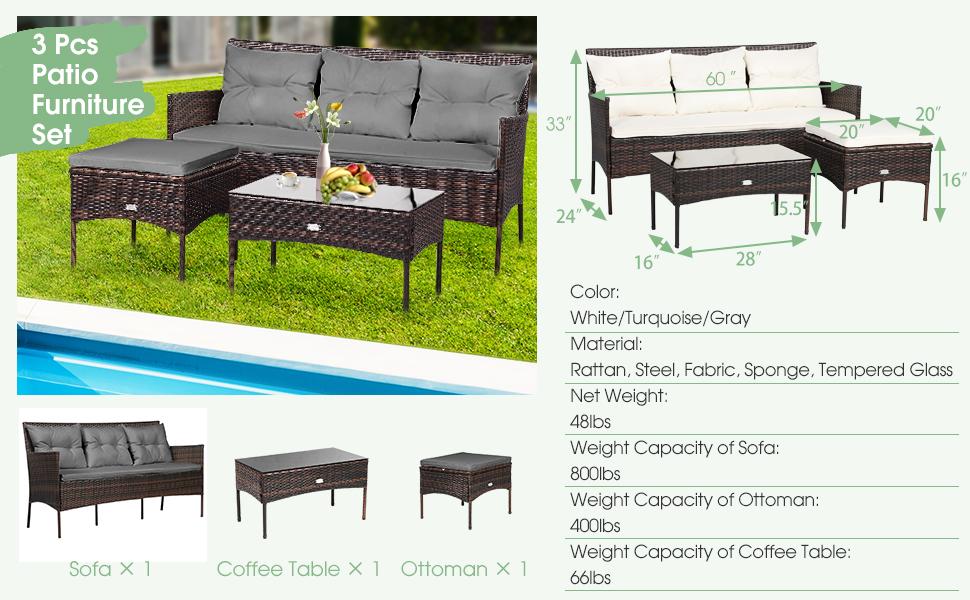 COSTWAY 3 Pieces Patio Conversation Set, Outdoor PE Rattan Wicker Furniture Set W/Cozy Cushions, All Weather Sectional Sofa Set W/Tempered Glass Coffee Table & Ottoman for Poolside, Backyard, Garden COSTWAY 3 Pieces Patio Conversation Set, Outdoor PE Rattan Wicker Furniture Set W/Cozy Cushions, All Weather Sectional Sofa Set W/Tempered Glass Coffee Table & Ottoman for Poolside, Backyard, Garden