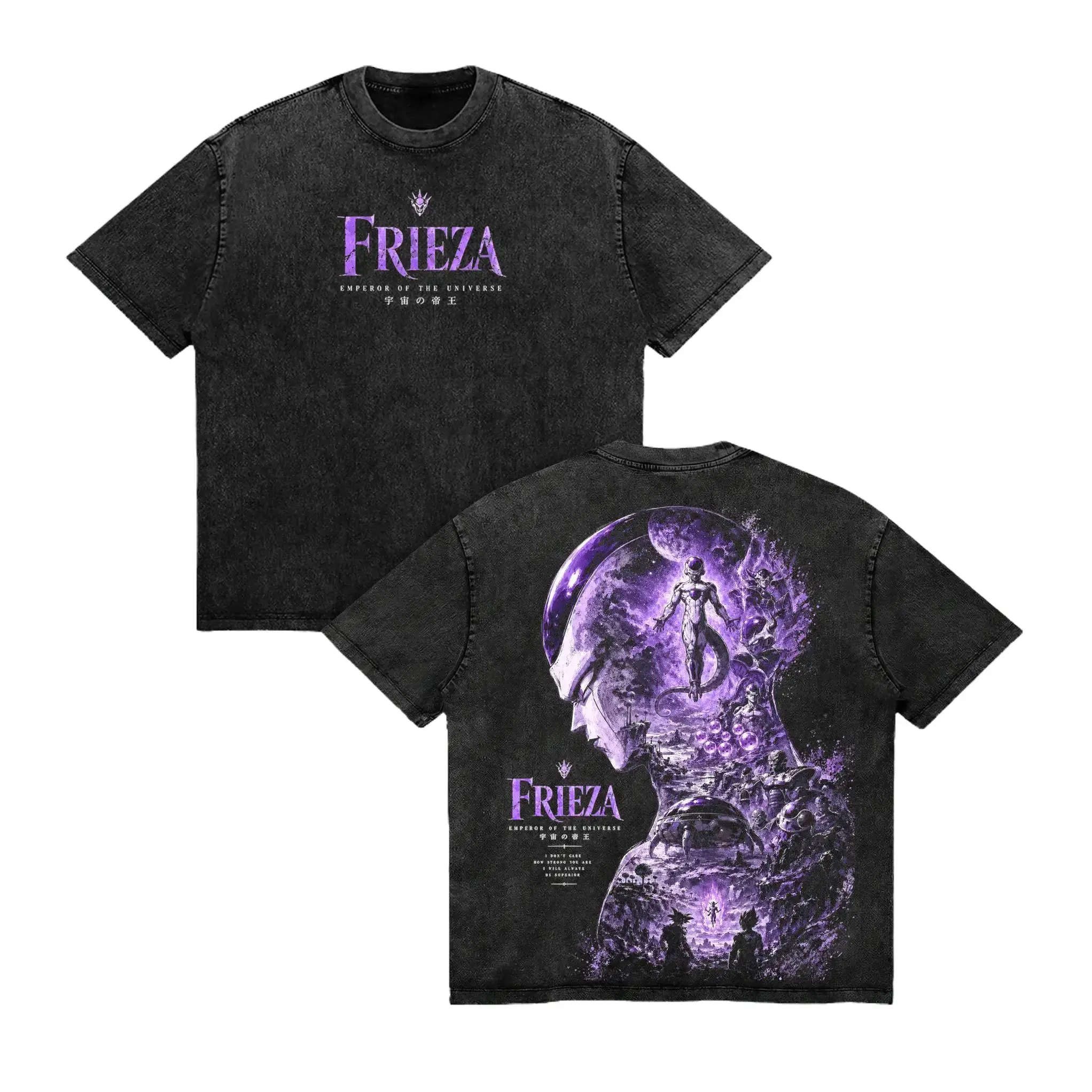Frieza Vintage Washed Anime Graphic Tee Emperor of the Universe Drago Villain Oversized T-Shirt Manga Style Purple Aura Streetwear Men Women 90s Retro Anime Clothing Goku Vegeta Namek Arc Graphic Print Casual Cotton Top Y2K Kawaii Drip Shirt