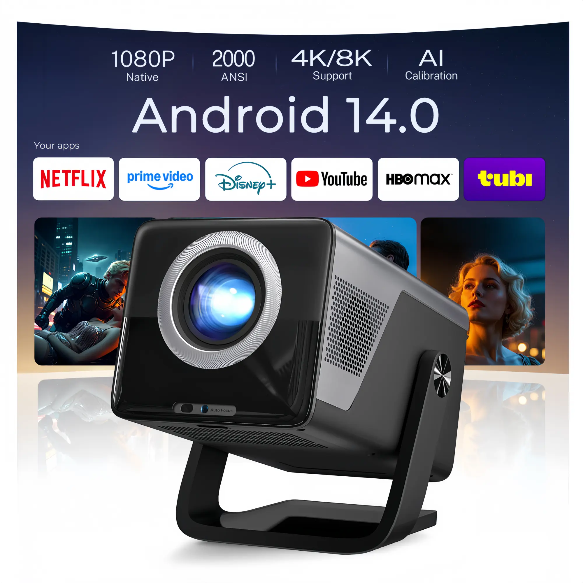 [2000 ANSI Daylight Visible] X7 Native 1080P Smart Video Projector 4K 8K Input, Android 14 Projecteur Portatif with HiFi Sound, Auto Focus & Keystone, WiFi Bluetooth Home Theater Netflix