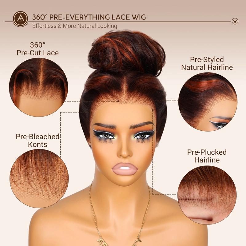 [Fall Color] Salon Layer Cut Ginger Highlights On Brown Hair 360 Lace Frontal Invisi Strap Skin Lace Invisi Drawstring Snug Fit Body Wave Human Hair Wig Holiday Haul