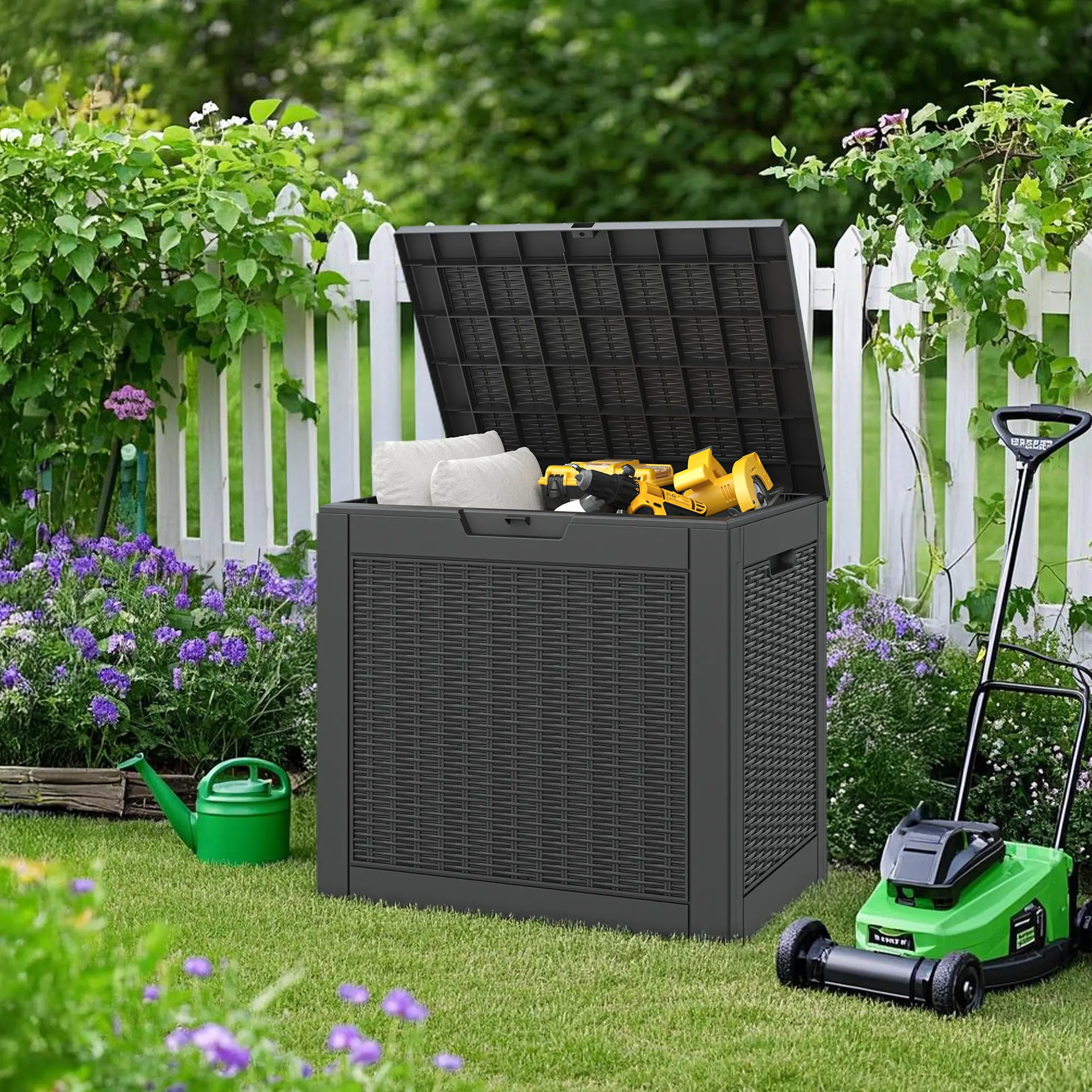 RIWENGO 31 Gal Large Resin Outdoor Storage Box - Lockable, Waterproof, UV Resistant Casual Outdoor Shelves for Gardening Tools, Patio Pillows, Home Organization