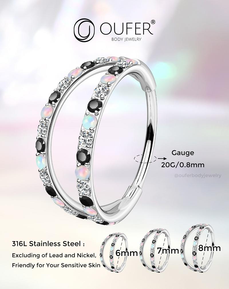 Oufer 20G Semiprecious Opal Mixed AAA+ CZ Nostril Nose Ear Segment Hinged Piercing Hoop Ring 316L Stainless Steel Body Jewelry Non Tarnish