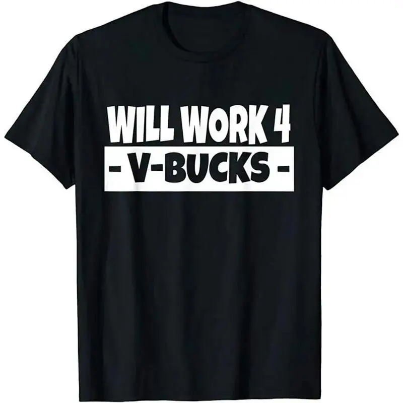 Men's Unisex Oversized Relaxed Fit Breathable Short-Sleeve "Will Work for V-Bucks" Cool Gamer T-Shirt, Youth Medium 10-12, Black