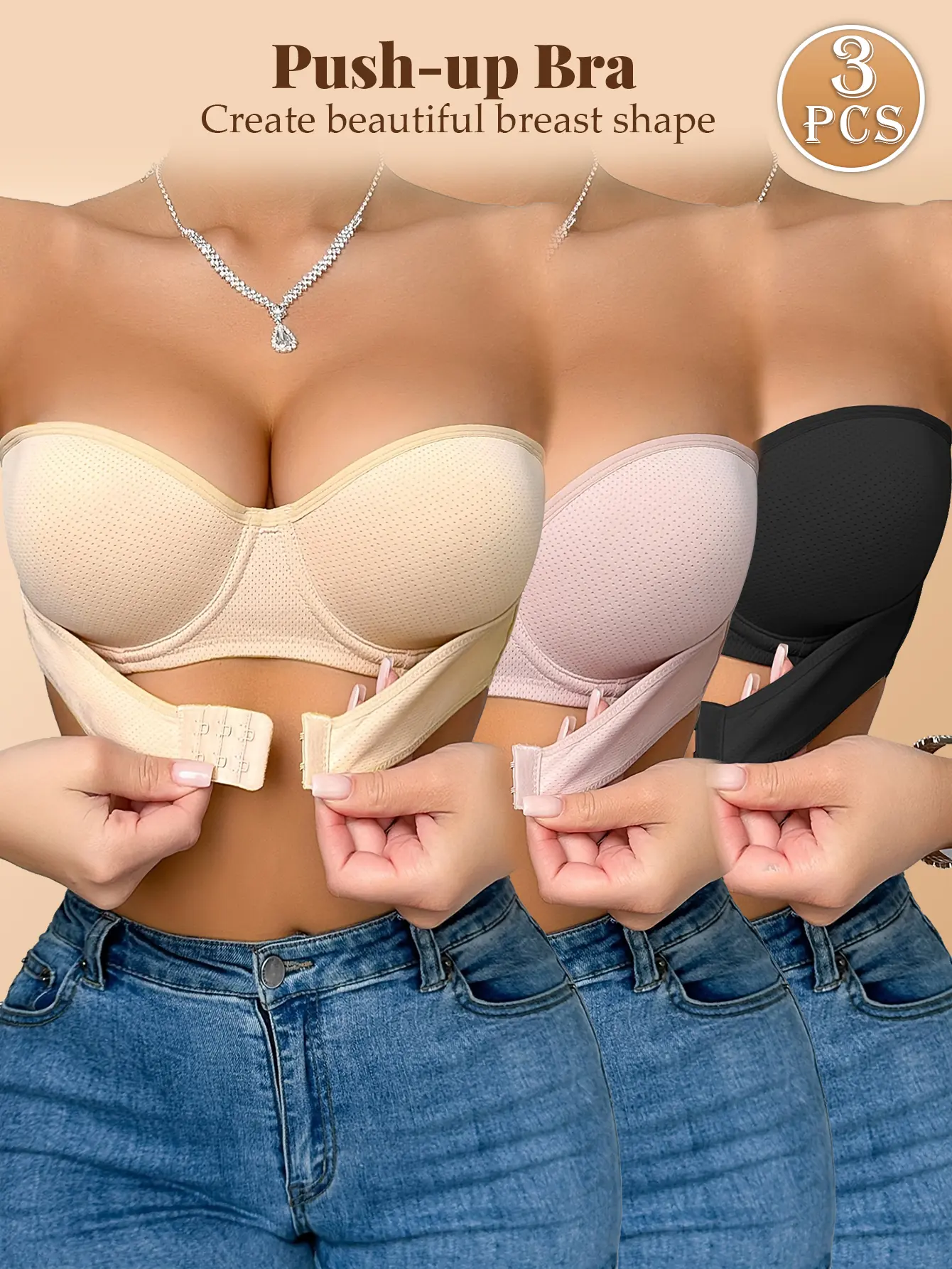 【DealsForYouDays】MImilemon  Front Closure Strapless Push Up Bra  Breathable Comfortable Everyday solid Bra SummerWins Underwire Molded Adhesive Invisible Bra