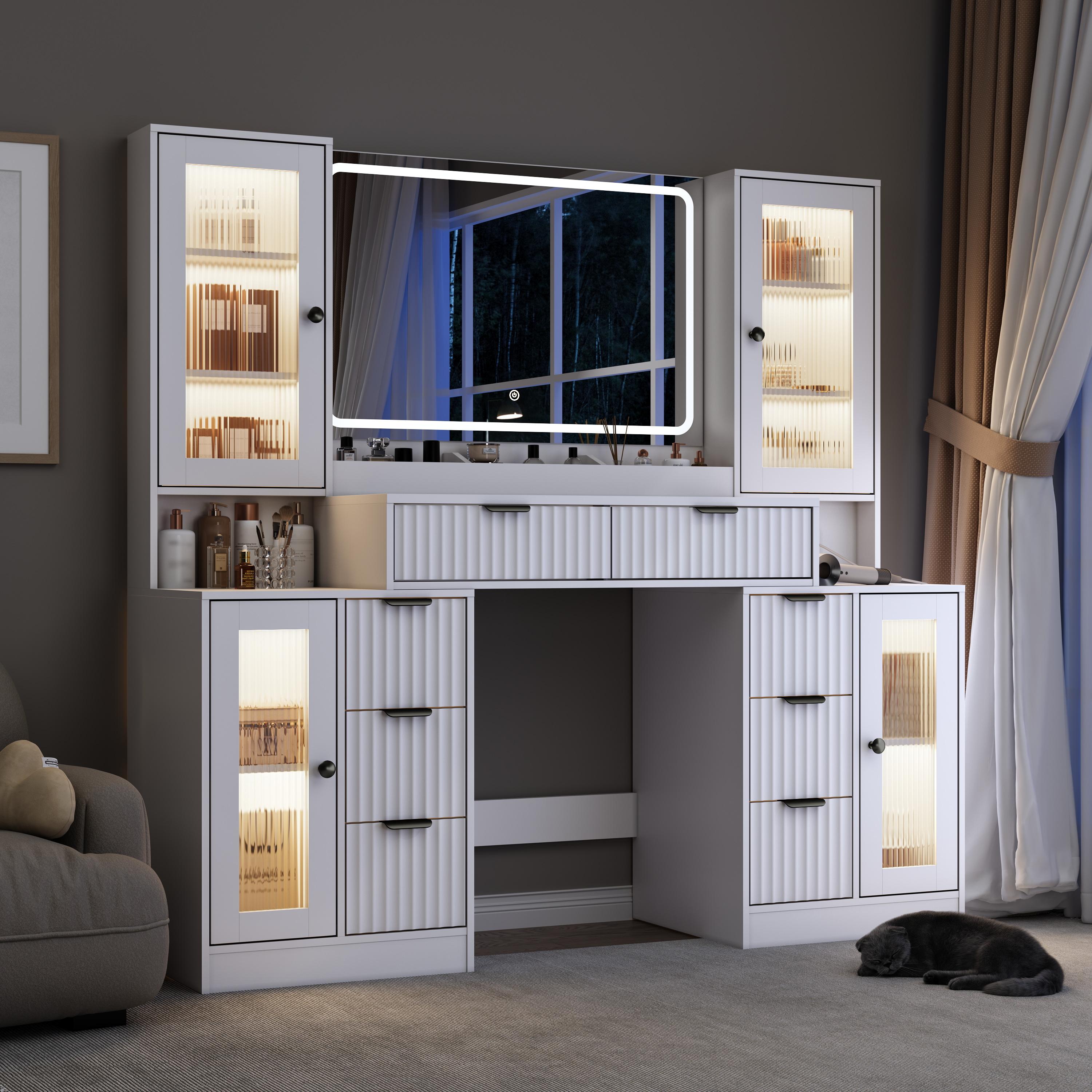 Fluted Makeup Vanity Desk with Mirror and Lights, 55" Glass Top Vanity with 8 Drawers & 4 RGB Glass Cabinets, Adjustable Shelves & Power Outlet, Modern Dressing Table for Women Girls Bedroom, Oak