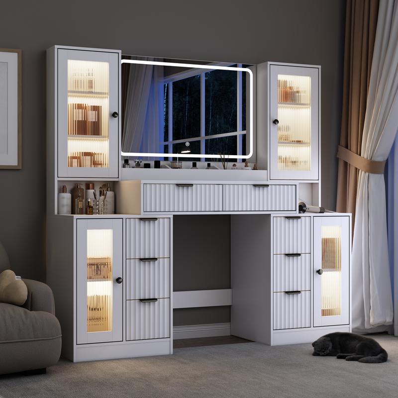 Fluted Makeup Vanity Desk with Mirror and Lights, 55" Glass Top Vanity with 8 Drawers & 4 RGB Glass Cabinets, Adjustable Shelves & Power Outlet, Modern Dressing Table for Women Girls Bedroom, Oak