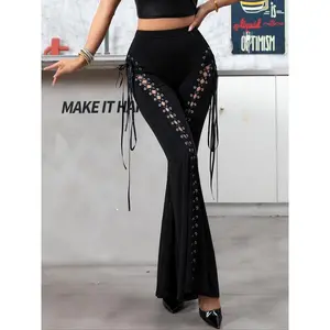 Women's Lace Up Tie Front Flare Leg Pants, Punk Fashion Casual High Waist Bell Bottom Trousers for Daily Outdoor Wear, Ladies Bottoms for All Seasons