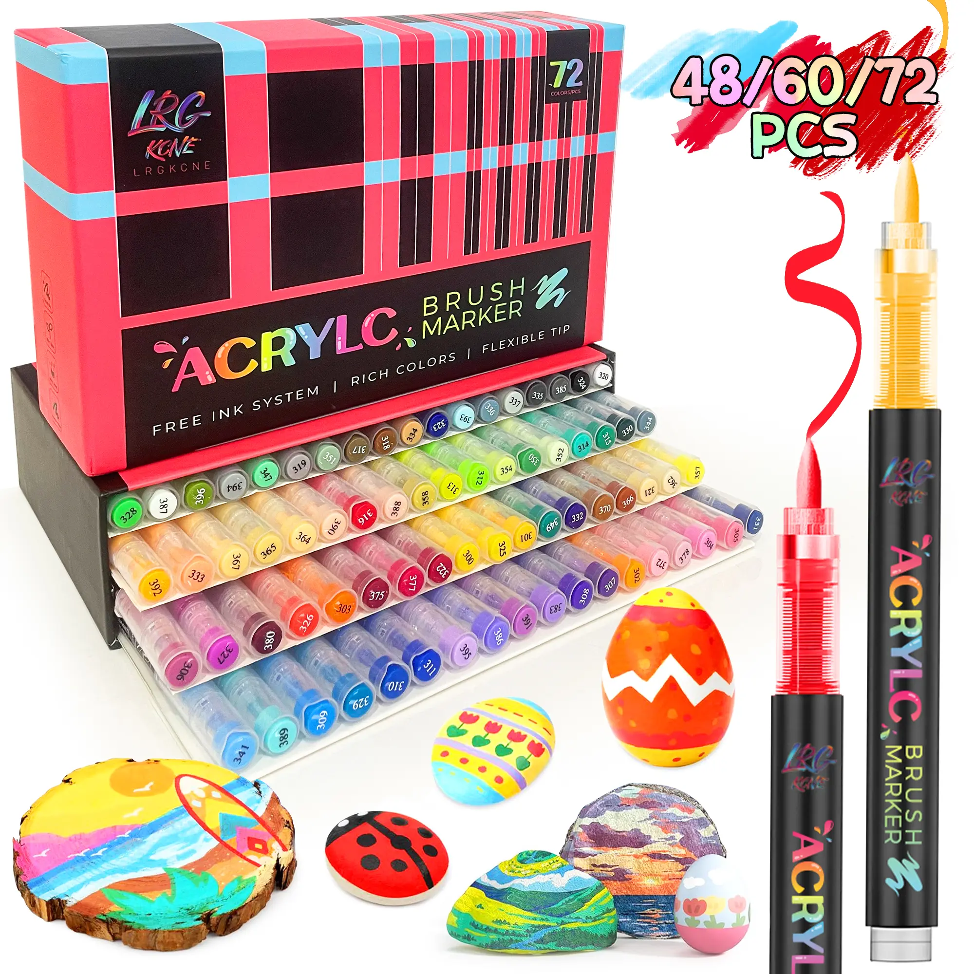 Acrylic Markers - 48/60/72pcs Soft Brush Water-Based Acrylic Paint Pens for Canvas,Rock,Fabric Painting,Wood, Stone,Glass,Ceramic, DIY Crafts,Back To School Supplies