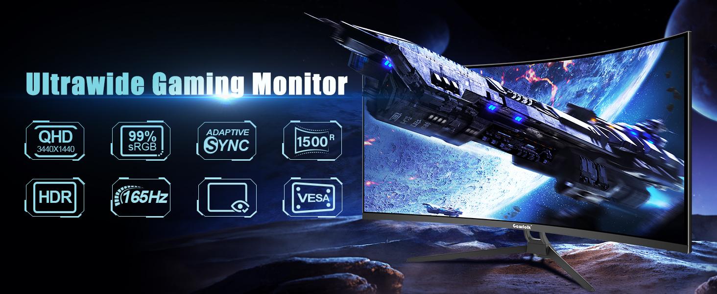 Gawfolk 34 Inch Curved Ultrawide Gaming Monitor 1500R UWQHD 3440x1440 165Hz 1ms GTG HDMI DP Dual Ports FreeSync 99% sRGB Multi-Tasking PIP PBP VESA 75x75mm Wall-Mount Black