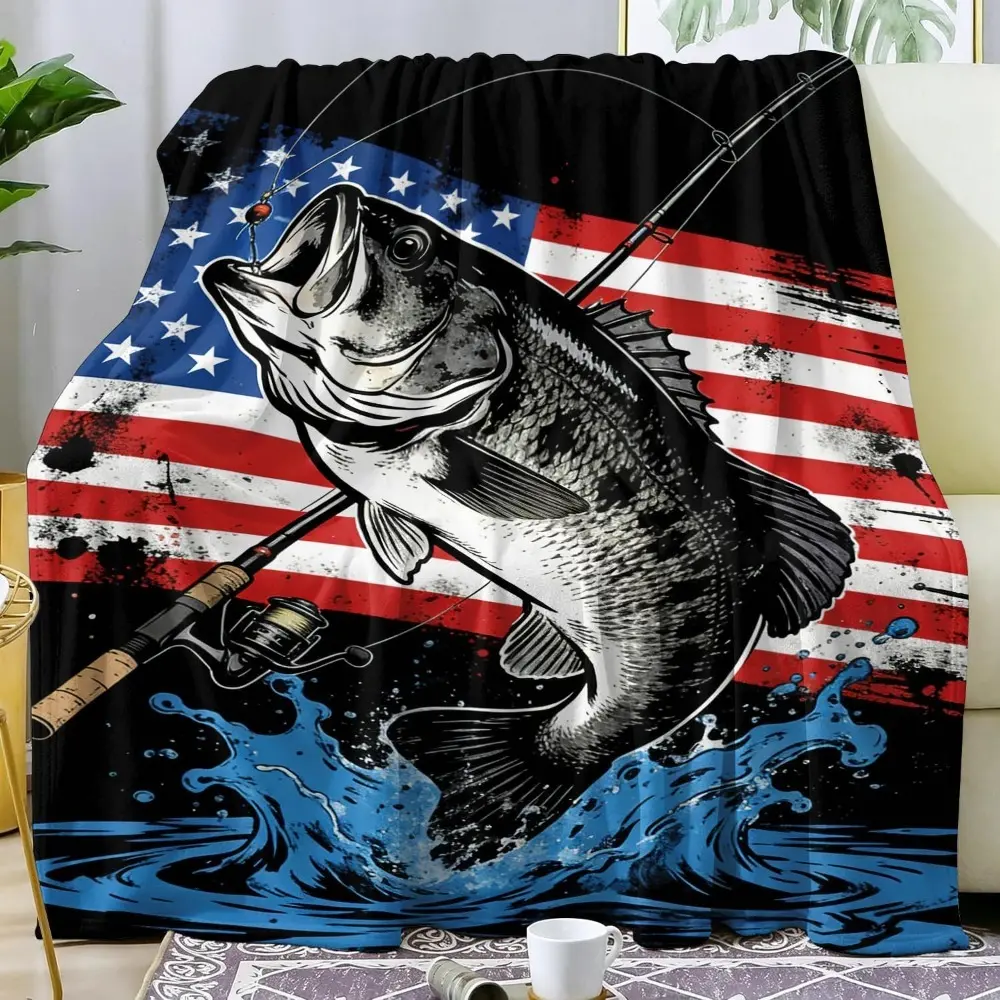 Bass Blanket Fishing American Flag Patriotic Cozy Flannel Throw 40"x50" | Fishing Bass Blanket Vintage Patriotic American Flag Flannel Throw Retro Gifts for American Style Fishing Lovers Patriots