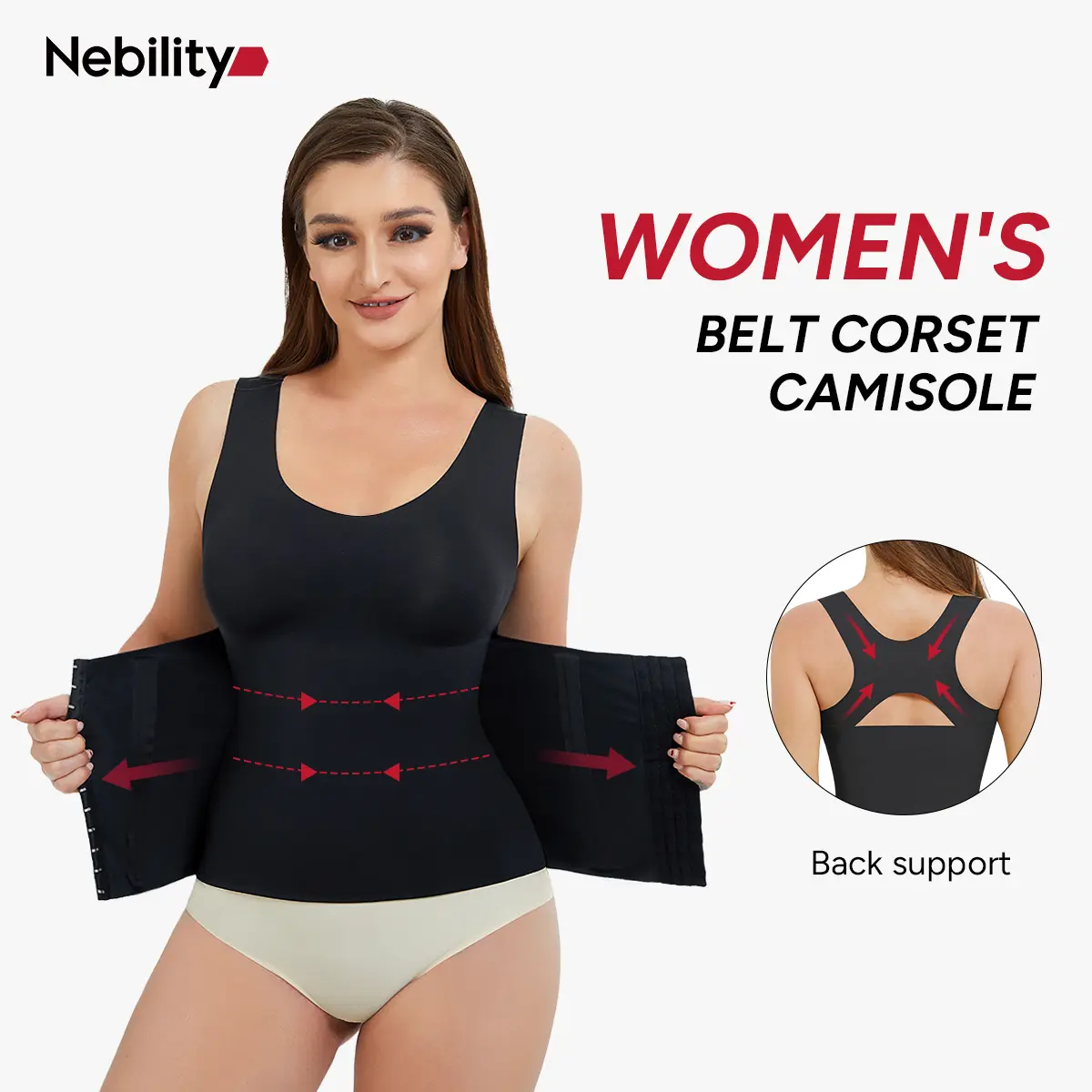 Nebility Shapewear Tank Top for Women with Built-in Bra, Solid Corset Style for Abdominal Control and Body Contouring, Abdominal Control Shapewear Tops, L