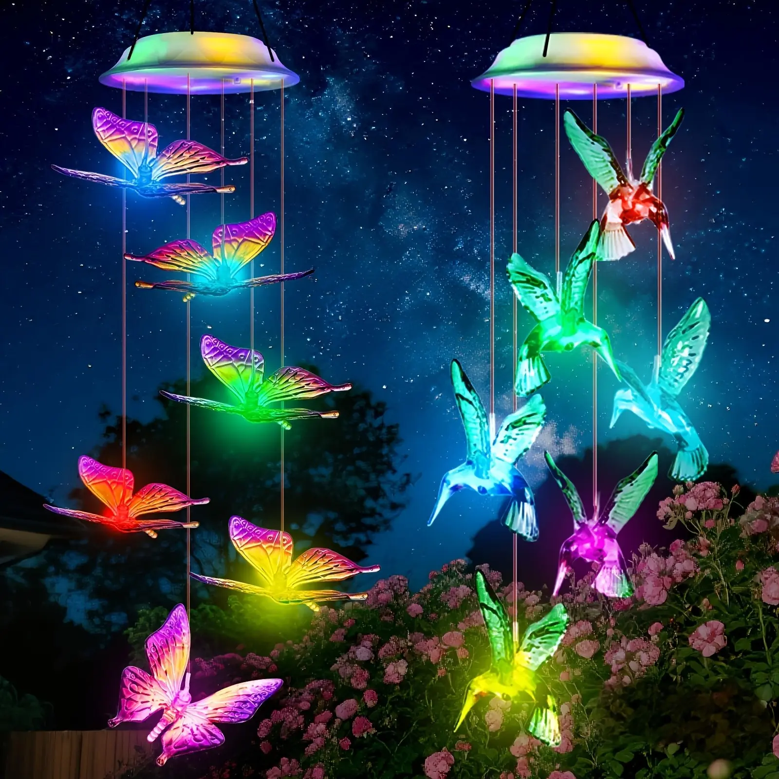 Solar Hummingbird Wind Chime Lights IP65 Waterproof, 6 RGB Color Changing LED Solar Hanging Decor Lamp, Auto Light Sensor, Butterfly & Hummingbird 2 Styles for Yard Patio Garden Wedding Gift Garden Accessories