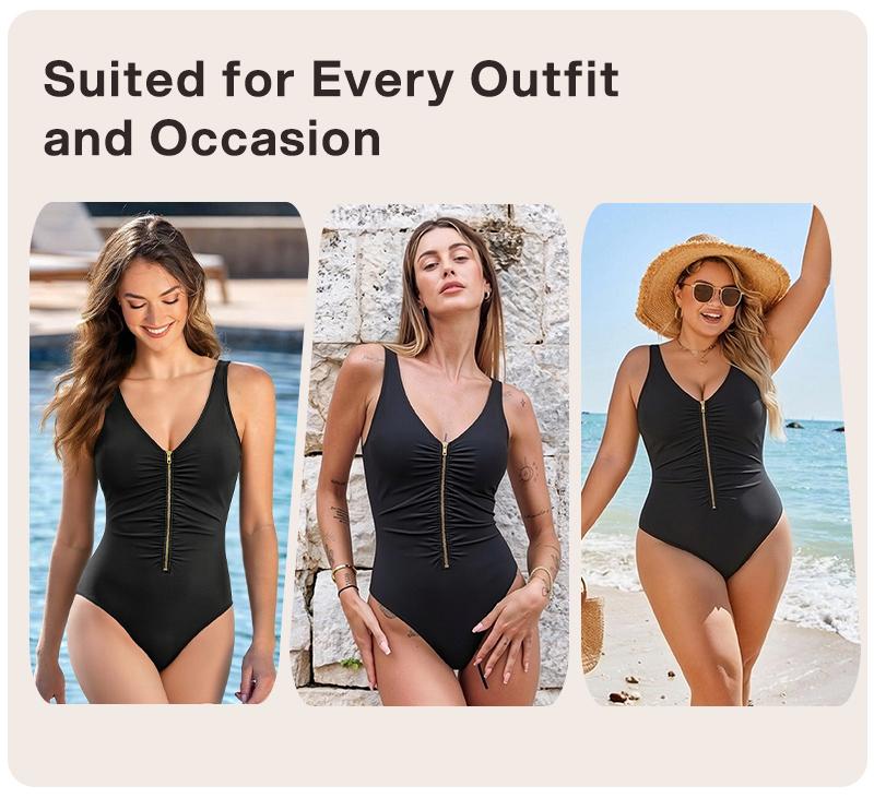 Lilylove Women's Shaping Swimsuit Zip-Front Ruched Wide Straps Tummy Tucking Slimming Sculpting Snatched Waist One Piece Bathing Suit Swimwear Swimming Beach