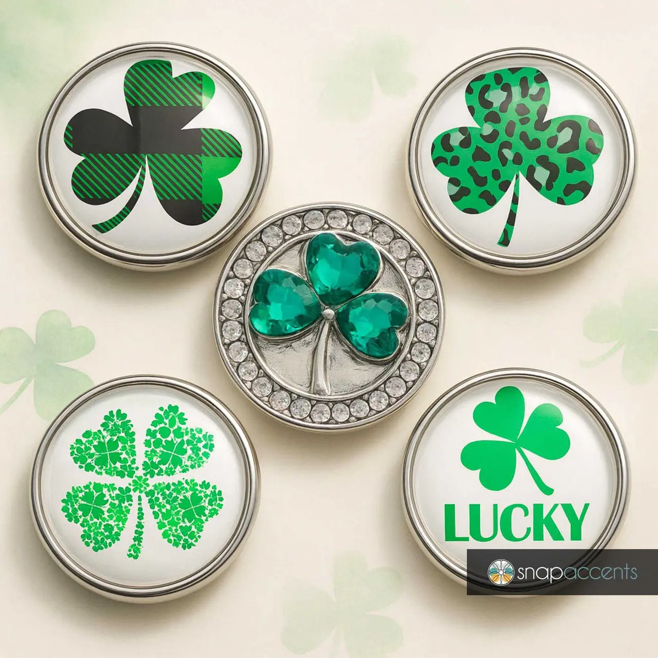 St. Patrick's Day Snap Jewelry Ginger Charm 18MM Lucky Shamrock Clover Green Irish Button Fits Custom Bracelets Necklaces Rings Interchangeable Floral Design