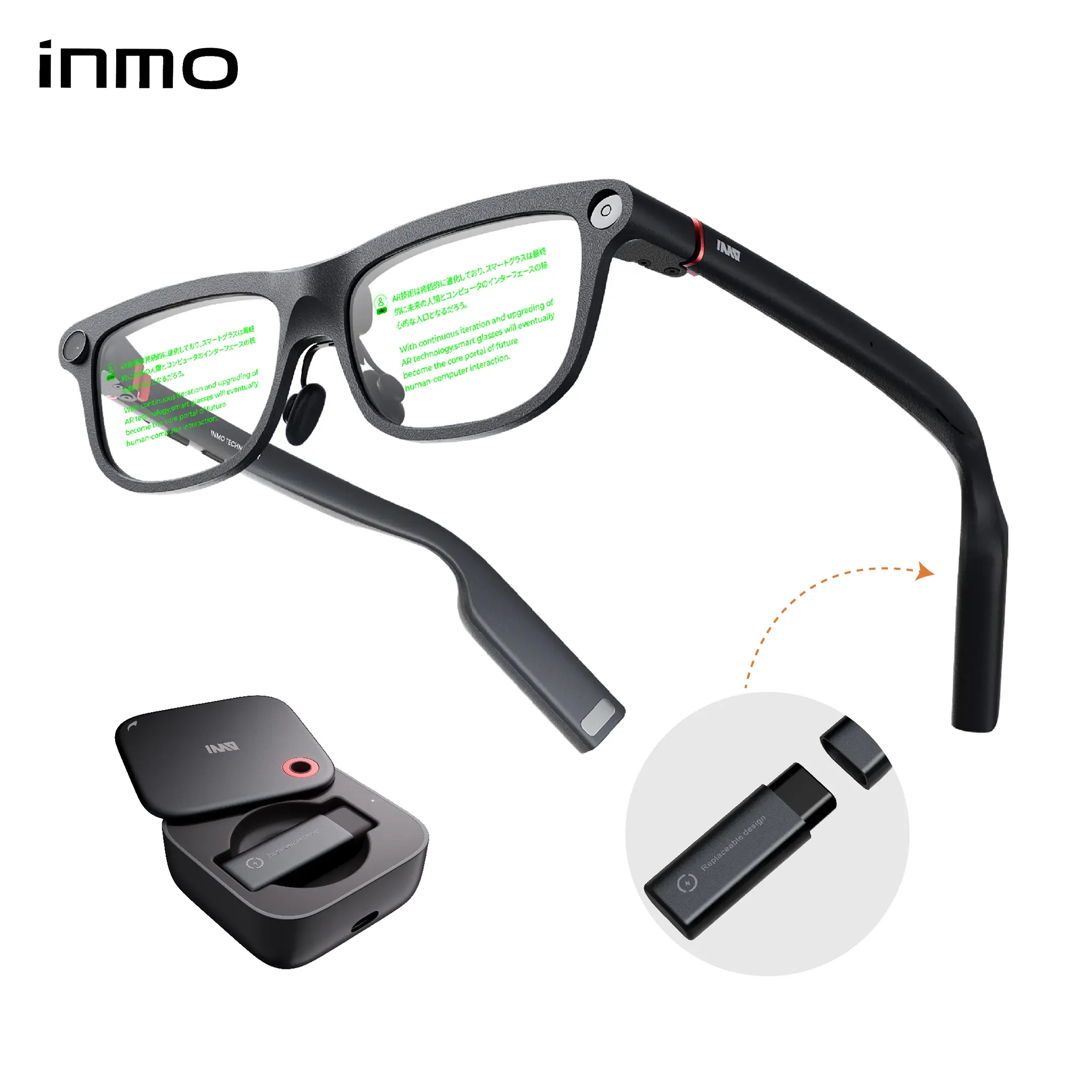 INMO GO3 AI Smart Glasses - Classic Shape Metal Frame, Bluetooth, Touch Screen, Voice Control, Dual-Eye Display, 98-Language Real-Time/Offline/Photo Translation, Teleprompter, AR Navigation, Swappable Battery, Hands-Free Wearable Tech for Travel, Business