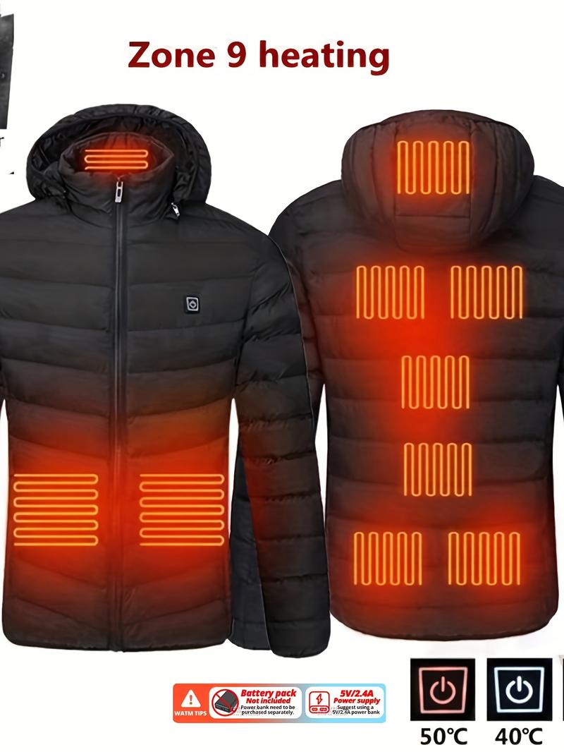 Men's Lightweight Heated Jacket - USB Powered, Quilted Winter Coat with Adjustable Temperature Control, Zip-Up Hood Design, Long Sleeve, Outdoor Insulation (Batteries Not Included), Winter Jacket