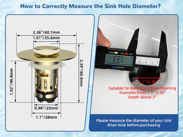 Hibbent Upgraded 3 in 1 Bathroom Sink Drain Strainer, Universal Pop Up Stopper with Removable Stainless Steel Filter Basket Hair Catcher, Sink Plug for 1.1''~2.36'' Basin, Brass Core, Brushed Gold