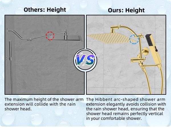 Hibbent All Metal 10'' Rainfall Shower Head, Shower Head Combo, High Pressure Handheld Shower Wand, 4 Sprays, 16'' Adjustable Arc-shaped Extension Arm, 71'' Hose, Showerhead Holder, Brushed Gold