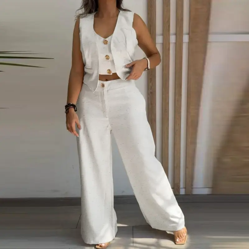 CHICME Women's 2 Pieces Outfits Metal Button Decor V Neck Sleeveless Tank Top and Plain Loose Fit Pants Set
