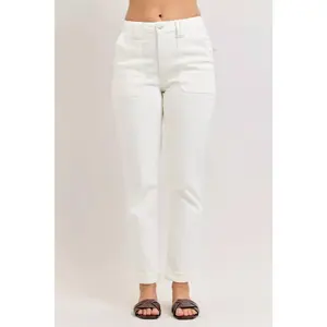 Judy Blue High Waist Aurora Weekend Slim Relaxed Jeans with Patch Pockets in White 881083, Stretchy Cotton Denim Womenswear Women's Bottoms, Summer