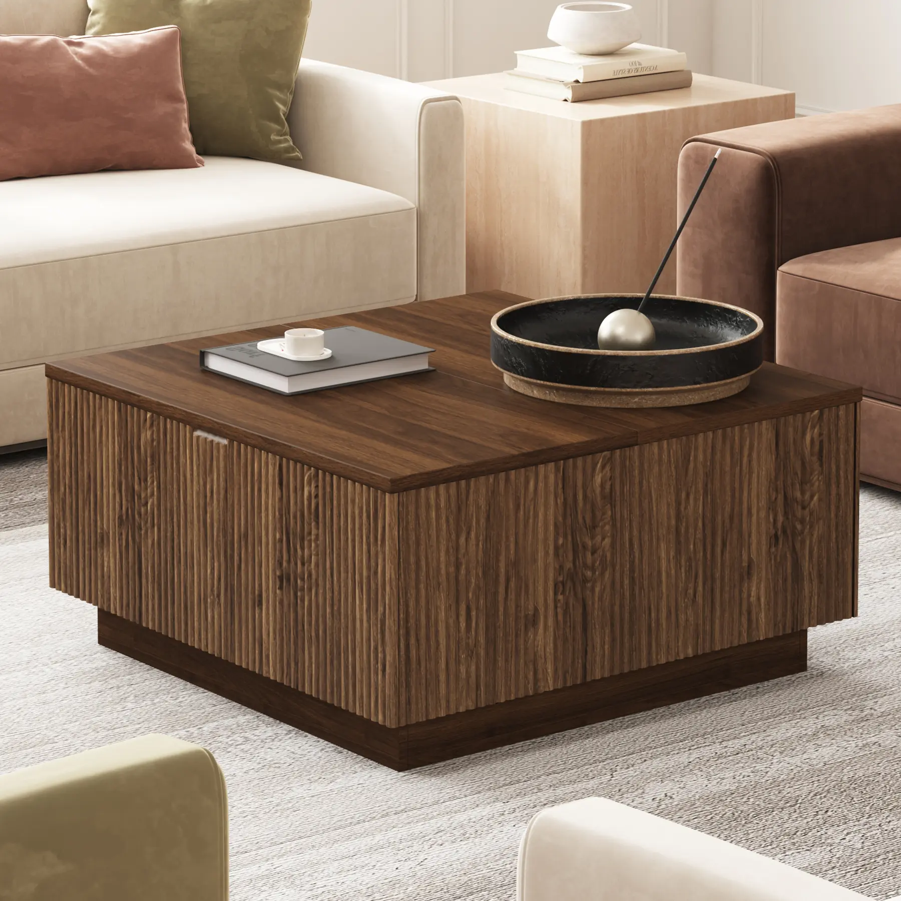 Brown Walnut Farmhouse Fluted Lift-Top Square Wood Coffee Table - 31-Inch Living Room Center Tea Table with Hidden Storage Compartment for Home, Small Space, Coffee Table Living Room