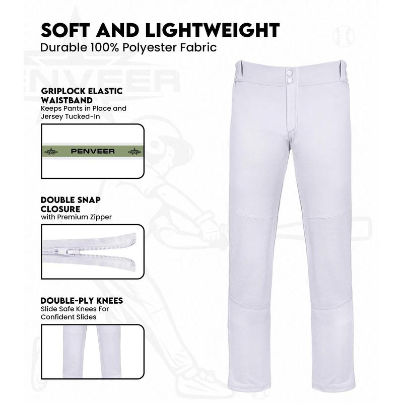 Penveer Youth Baseball Pants, Full Length Open Bottom Boys Baseball Pants with Durable Snap, Softball Pants, T Ball Pants (White) Athletic Wear