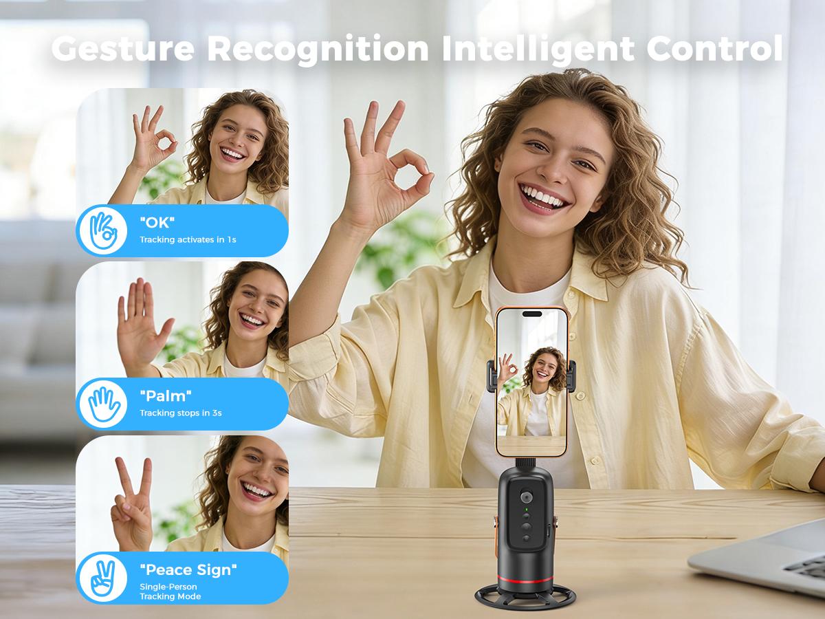 Auto Face Tracking Tripod, with Gesture Control Functon ,360° Rotation Face Body Phone Camera Mount Smart Shooting Phone Tracking Holder for Live Vlog Streaming Video, Accessories Selfie 360 Rotating Phone Stand Smartphone Vlogging Kit