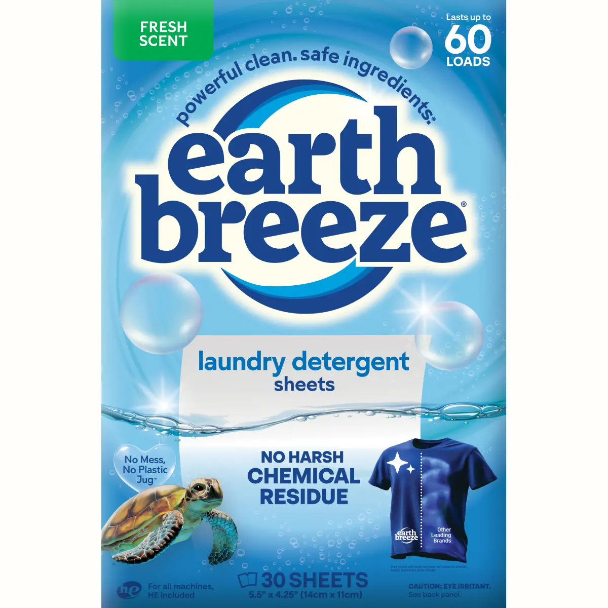 Earth Breeze Laundry Detergent Sheets Fresh Scent 60 Loads | Eco Liquidless Soap - Travel-Friendly for Hot & Cold Cycles, Tackles Tough Stains & Odors - Gentle on Skin