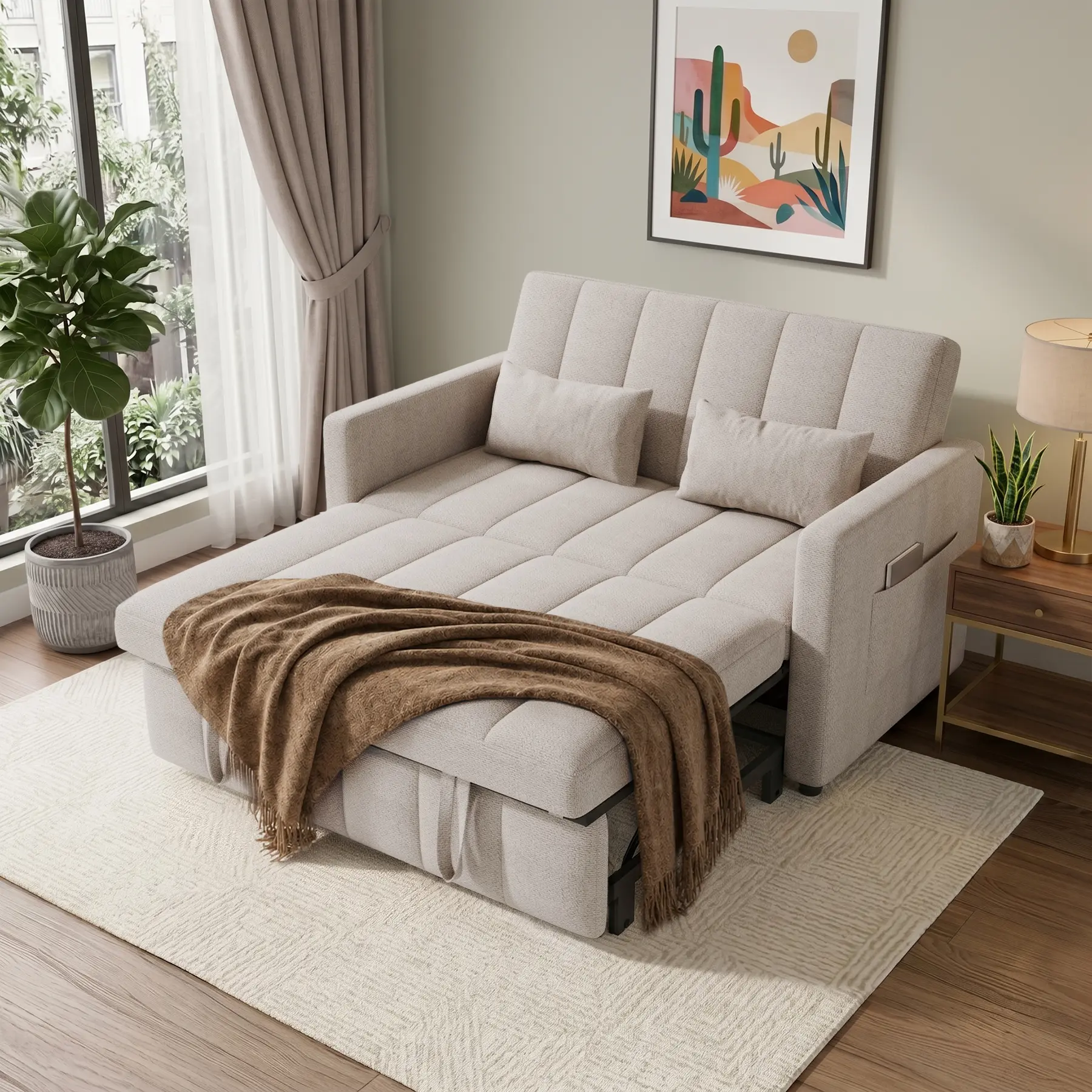 Sleeper Sofa Bed,3-in-1 Convertible Pull Out Couch with Adjustable Backrest for Living Room,Loveseat Sofa Bed with Side Pockets,Easy Assembly,1 PCS