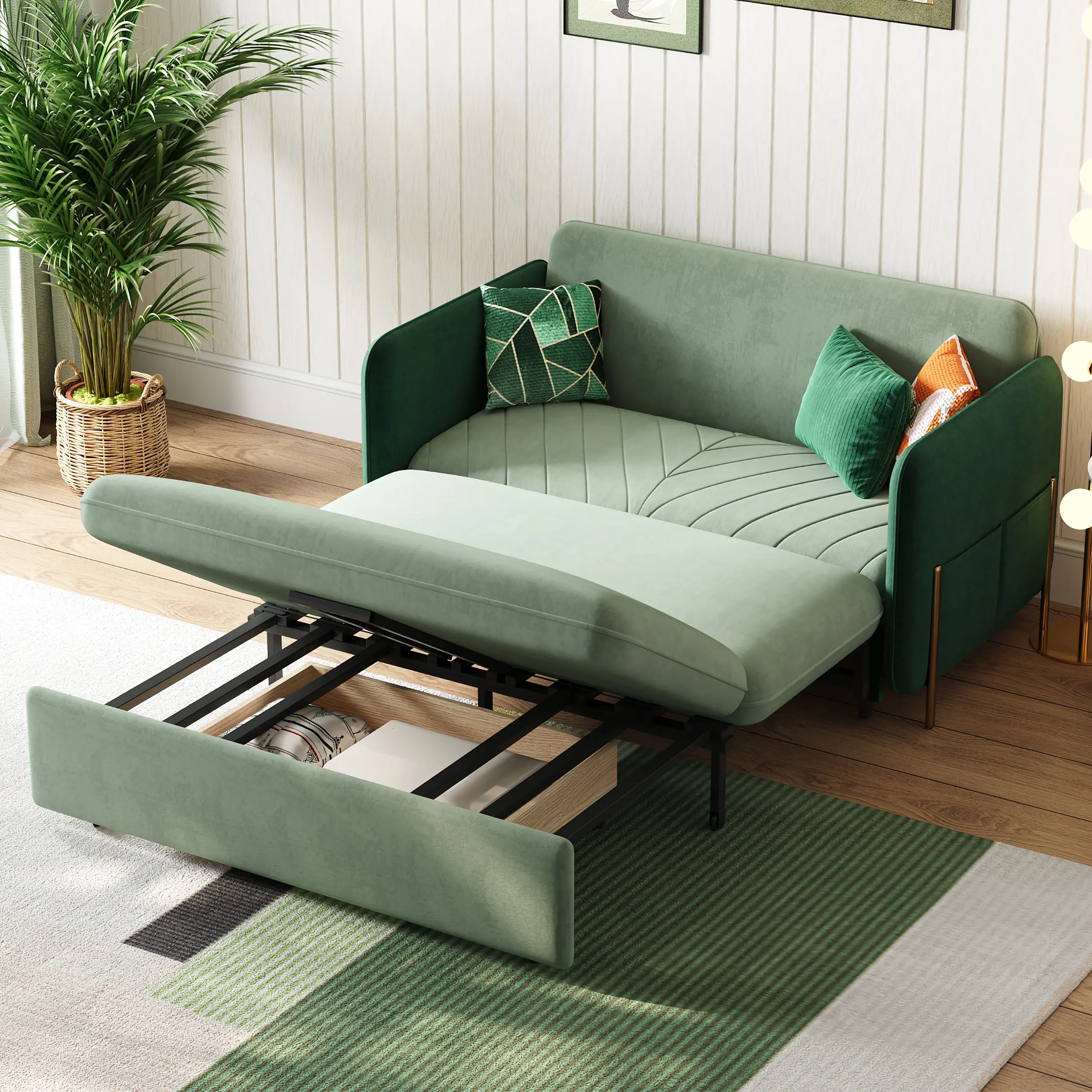 Homary 54 in Green Velvet Folding Sofa Bed - Futon Couch Loveseat Sleeper, Extendable Folding Couch with Stainless Steel Frame, Polyurethane Foam Cushion Back, Storage, Pillows, Assembly Required Indoor Living Room Furniture, Combination Sofa