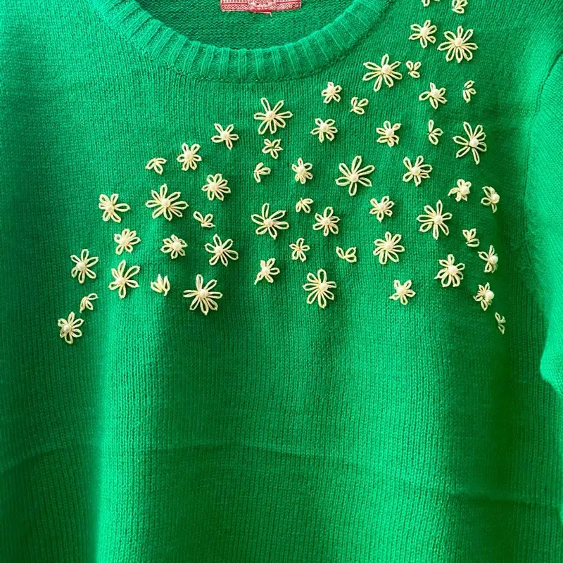 Hand Embroidered Green Knit Sweater with Delicate Floral Embroidery for Women
