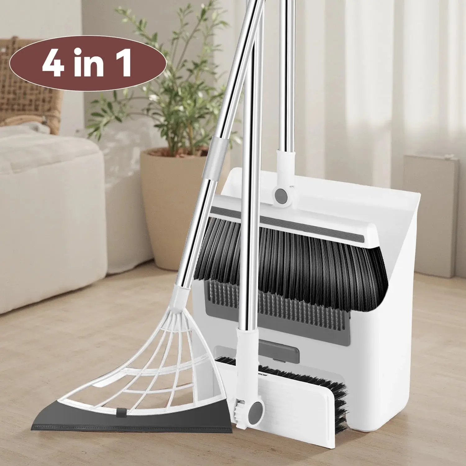 Broom with Dustpan Combo Set , Silicone Broom, Long Handle Broom Dustpan, Floor Scrub Brush - Cleaning Broom 4 in 1 upright