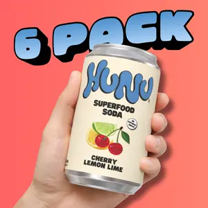 Cherry Lemon Lime Hunu Superfood Soda — a clean, refreshing soda packed with Irish Sea Moss, Sea Salt electrolytes, and Acerola Cherry.