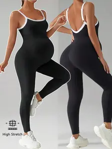 HANNA x  Pregnant Women Contrast Binding Backless Sports Jumpsuit Maternity Jumpsuits For Woman Pink Maternity Jumpsuit Maternity Workout Clothes Maternity Activewear Gym Clothes Women